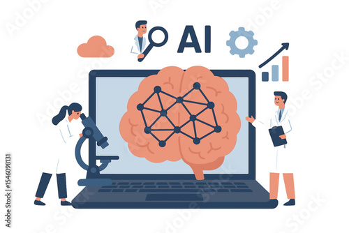 Illustration of a brain with a neural network on a laptop, surrounded by tiny scientists, representing concepts of machine learning, data science, and cognitive computing in a vector isolated
