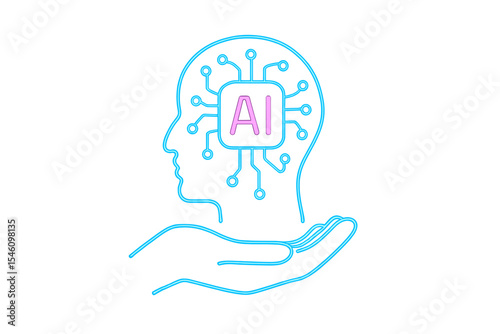 The concept of a cybernetic brain is represented by a neon silhouette of a human head with  hovering above an outstretched palm, symbolizing the electronic mind and artificial neural network