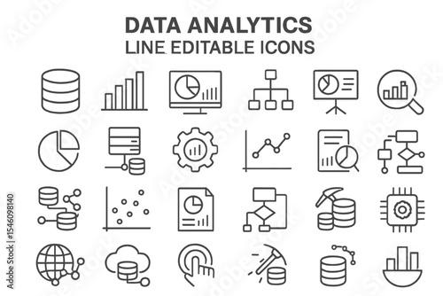 The Data Analytics Line Editable Icons set includes a variety of icons related to database, statistics, server, network, big data, data processing, data mining, and more, with editable stroke, in