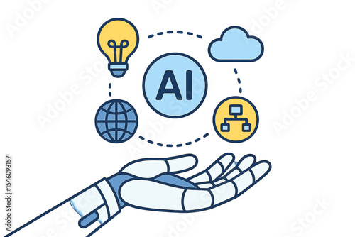 Concept of a chat bot, with a robotic hand and icons, available online as a  idea