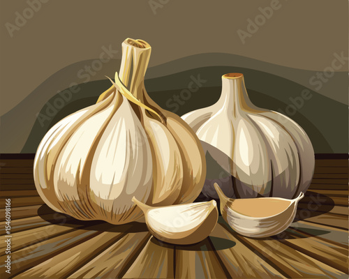 Garlic bulbs and cloves on a rustic wooden surface vector art design 