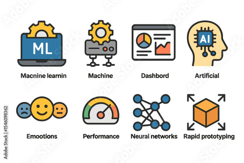 This icon set is focused on Machine Learning and includes a variety of filled flat icons such as machine learning, machine, dashboard, , emotions, performance, neural networks, and rapid