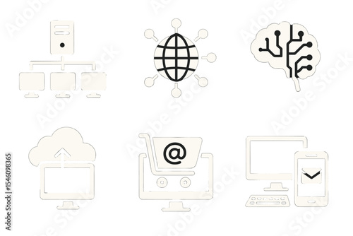 A set of information technology glyphs is depicted on a black background, encompassing IT network systems, the internet of things, , cloud computing, e-commerce, computer technology, and various