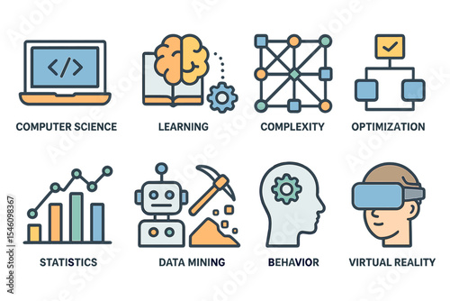 A set of intelligent machine learning vector icons is available, representing concepts in computer science, learning, complexity, optimization, statistics, robotics, data mining, behavior, and