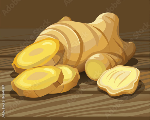 Ginger root with textured skin and slice vector art design 