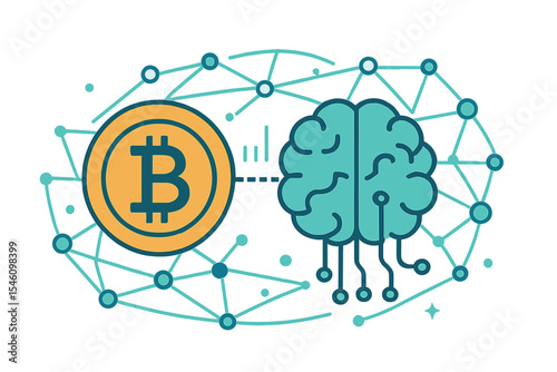 Illustration of global web with link to electric information, light internet social network background, connecting ai brain system data to analysis of cryptocurrency bitcoin