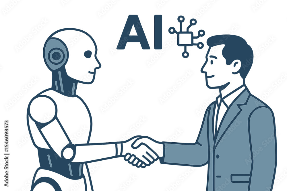Naklejka premium Ai or vector concept featuring a robot and human handshake facilitated by ai, representing a future of collaborative innovation and technological advancement