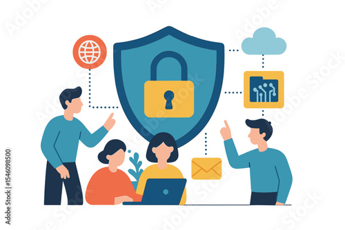 Vector illustration of network security protection lock and information technology cyber security through IT teamwork for cloud email data protection
