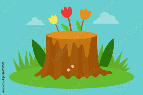 Spring Blooms on Tree Stump A Delightful Nature Illustration