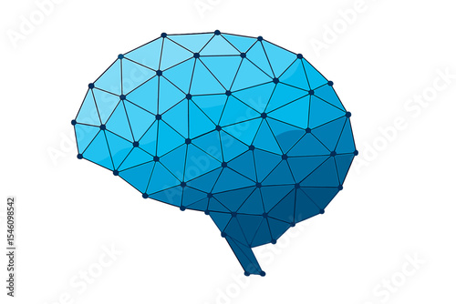 Low poly particles tech style is utilized to create a vector human brain, serving as a template for logo, icon, or emblem design, particularly for concepts related to neural networks, education, and