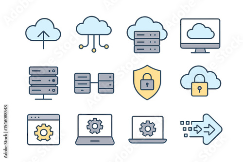 A collection of line icons pertaining to cloud computing, cloud services, server, cyber security, and digital transformation is available, featuring outline icons with editable strokes in vector