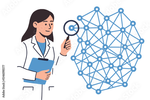A female scientist wearing a lab coat examines artificial neurons linked into a neural network, representing computational neuroscience and machine learning through scientific research, depicted as a