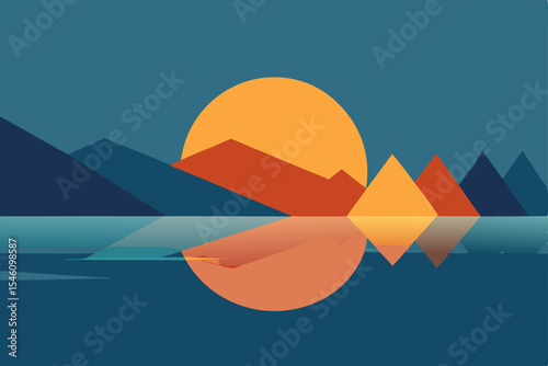 Geometric Sunset Landscape Minimalist Mountain and Water Reflection Illustration