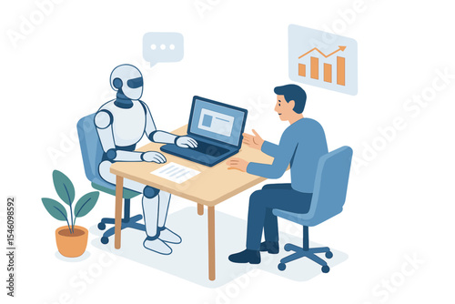 Human interactive technology interaction, as depicted in images of robots and humans working together in an office setting, suitable for use in web banners, infographics, and hero images, presented