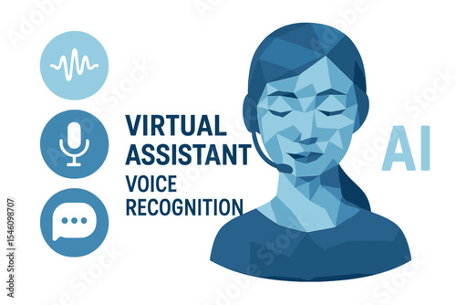 The concept of a virtual assistant is centered around voice recognition service technology and AI-powered business solutions, featuring a  robot designed to provide work support through a