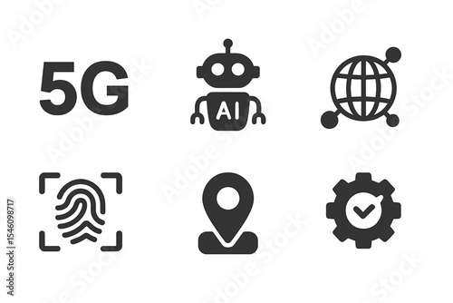 The technology icon set includes a range of symbols such as 5g, ai, robotics, iot, biometric, geolocation, cloud computing, and automation