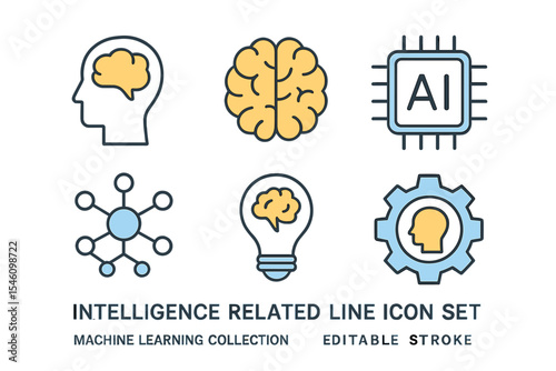 A set of line icons related to intelligence, including a collection for machine learning, featuring symbols for mind, ai, brain, network, and smart concepts, all with editable strokes