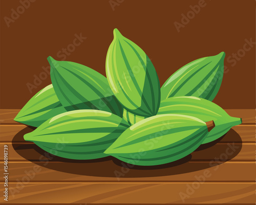 Green cardamom pods scattered on a rustic wooden surface vector art design 