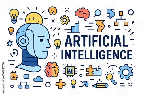 A  banner featuring a cyber head with ai technology doodle, symbolizing robotic computer intellect brainstorming creativity ideas for business