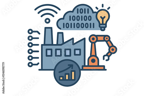 Concept of a smart factory or enterprise IoT icon representing digitalization, automation, big data, and innovative production through vector illustration