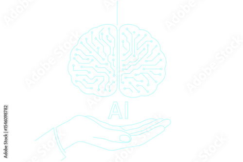 A circuit board resembling an electronic brain with a gyrus, representing AI, is suspended above a hand, symbolizing computer neural networks or  in a neon cyberspace with a glowing title on a