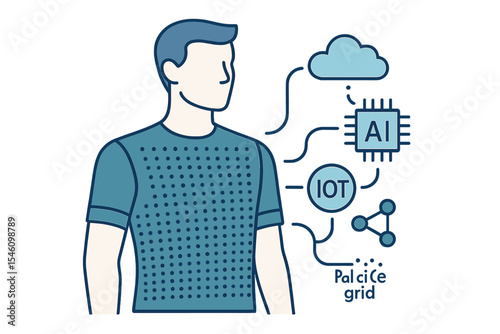 The future of technology includes advanced electronic cloth with particle grids connected to cloud networks and IoT AI science