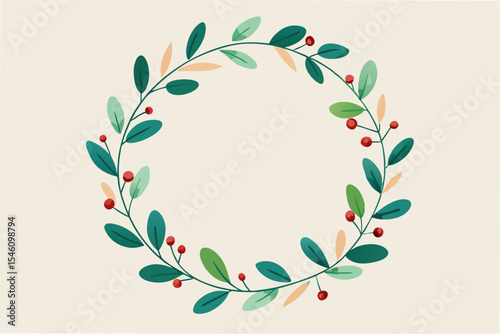 Elegant Floral Wreath A Circular Frame of Green Leaves and Red Berries
