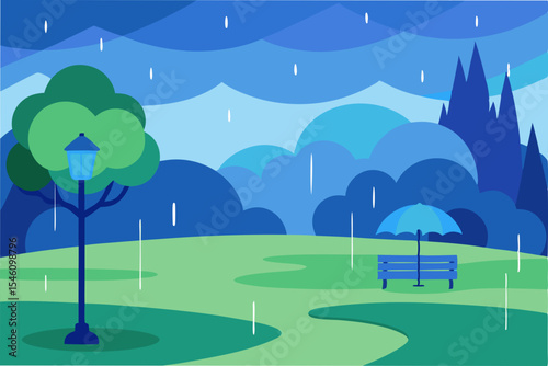 Rainy Park Scene Serene Landscape Illustration