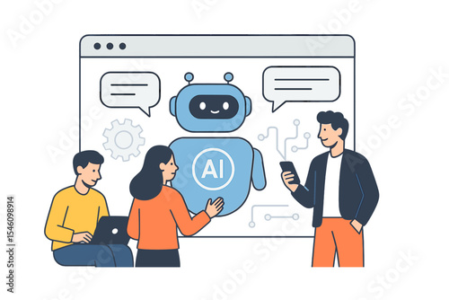Business concept of a  chat service, represented by a modern vector illustration of individuals utilizing AI technology to converse with a chatbot on a website