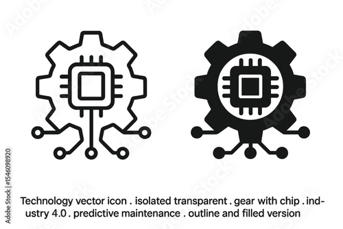 The ‘ofvs230 OutlineFilledVectorSign ofvs' is a technology vector icon that features a gear with a chip, representing industry 0 and predictive maintenance, available in both outline and filled