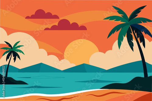 Sunset Beach Scene Tropical Paradise Illustration