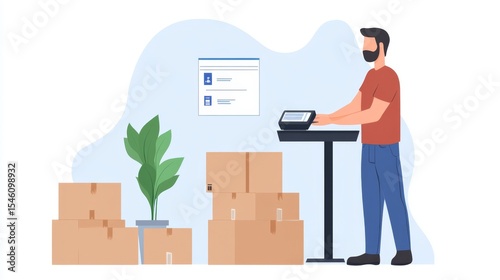 Business owner processing digital payments at a point-of-sale terminal, shipping boxes organized and ready for dispatch nearby