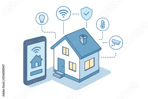 The concept of a smart home incorporates the internet of things, featuring isometric design and IOT technology for automated household control through smartphones and internet connectivity, ensuring