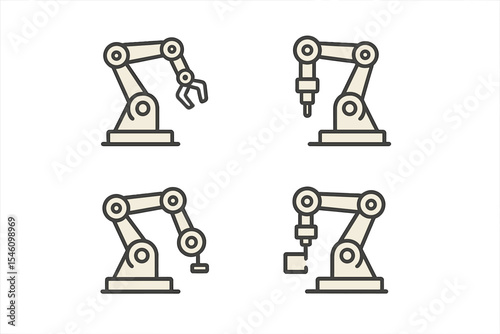 Icon set for industrial robot, featuring mechanical hydraulic robotic arm used in manufacturing, presented in linear icons, with the added feature of editable stroke lines