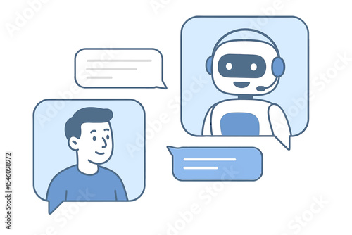 Concept of online communication with chatbot, where robot responds to customer inquiries through a chatbot service, featuring a dialogue between an AI assistant and user within a messenger, depicted