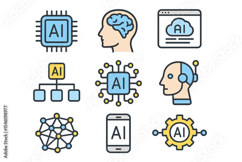A collection of  system icons is provided, comprising an outline set of vector icons for web design purposes, isolated on a white background