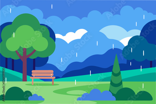 Rainy Day Park Scene Serene Landscape Illustration