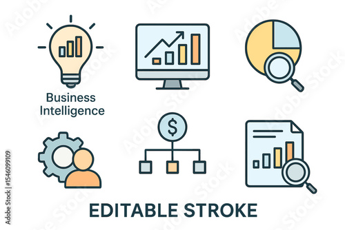 Icons representing business intelligence are depicted on a transparent background with editable lines