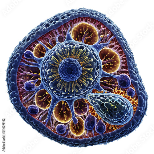 Detailed microscopic visualization showing a biological cell structure with internal organelles, rendered with vibrant colors and intricate