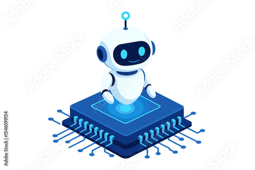 A processor chip features an isometric robotic design, accompanied by a 3D robot chatbot, representing AI in science and business, set against a futuristic microchip backdrop with illuminated lights