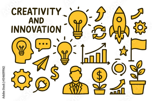 A collection of hand-drawn doodle icons representing creativity and innovation in yellow, suitable for business start-up concepts and financial growth