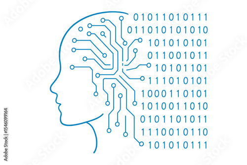 The concept of big data and the  market is represented by a woman's face outline filled with circuit boards and binary data streams on a blue background, incorporating machine learning and cyber