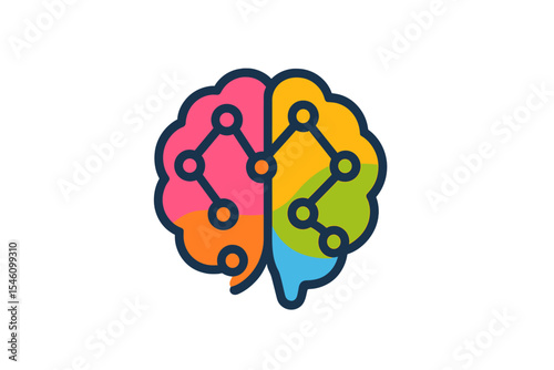 Neural network logo, a human brain emblem, presented as a  icon, featuring creative thinking through vector illustration, is an isolated science innovation sign and a colorful neurobiology