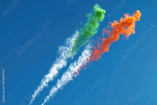Three vibrant plumes of white, green, and orange smoke ascend diagonally against a clear azure sky