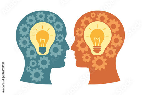 A vector illustration depicting two human heads composed of interlocking gears with a light bulb shape at their center
