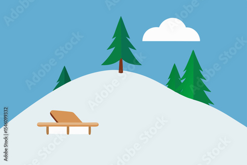 Serene Winter Hillside Relaxation Snowy Peak with Evergreen Trees and Recliner