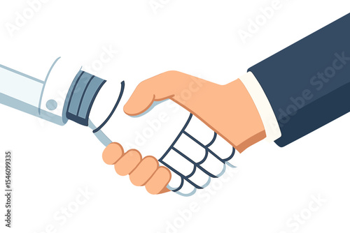 A robot and a man engage in a handshake, symbolizing the evolution of new technologies