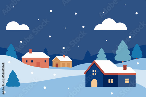 Cozy Winter Village Night Snow-Covered Houses and Snowy Landscape Illustration