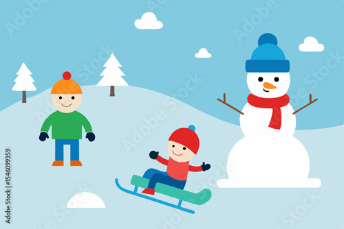 Winter Fun Kids Playing in the Snow with a Snowman