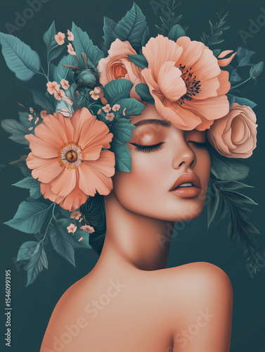 Floral Woman Portrait in Realistic Digital Art Style